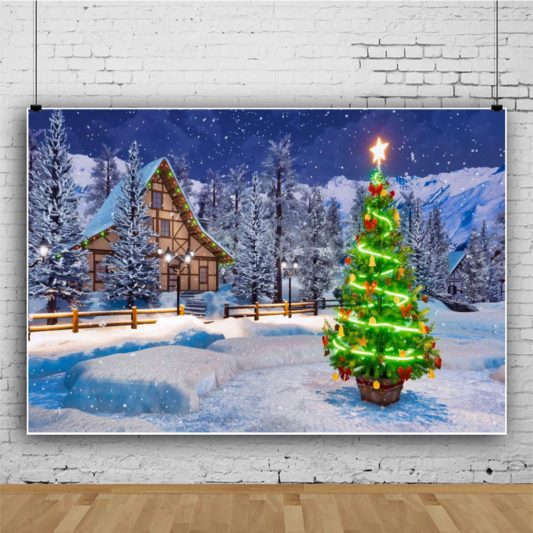 Amazon | DORCEV 7x5フィート 輝くクリスマスツリー写真背景 冬 雪 夜